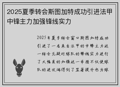 2025夏季转会斯图加特成功引进法甲中锋主力加强锋线实力