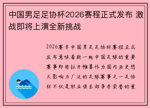 中国男足足协杯2026赛程正式发布 激战即将上演全新挑战