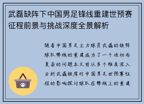 武磊缺阵下中国男足锋线重建世预赛征程前景与挑战深度全景解析